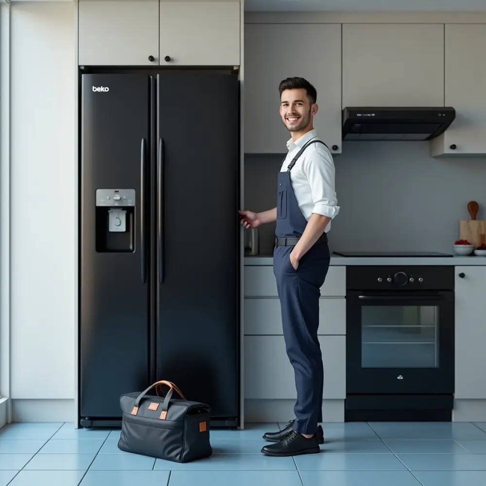 beko fridge repair technician standing beside the fridge in a modern kitchen